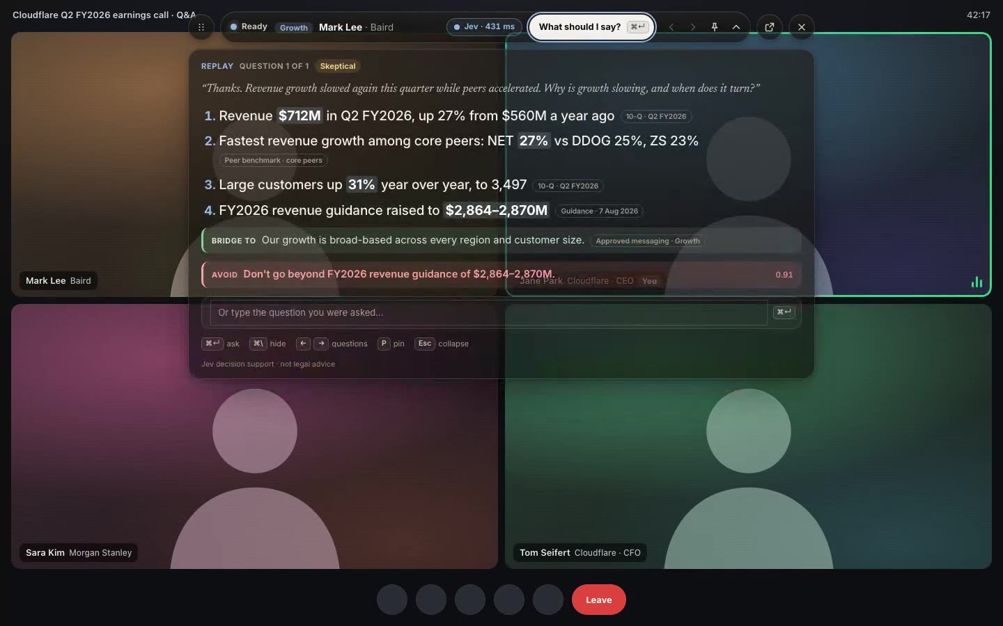 Collar teleprompter on a live earnings call, showing the approved answer to an analyst question